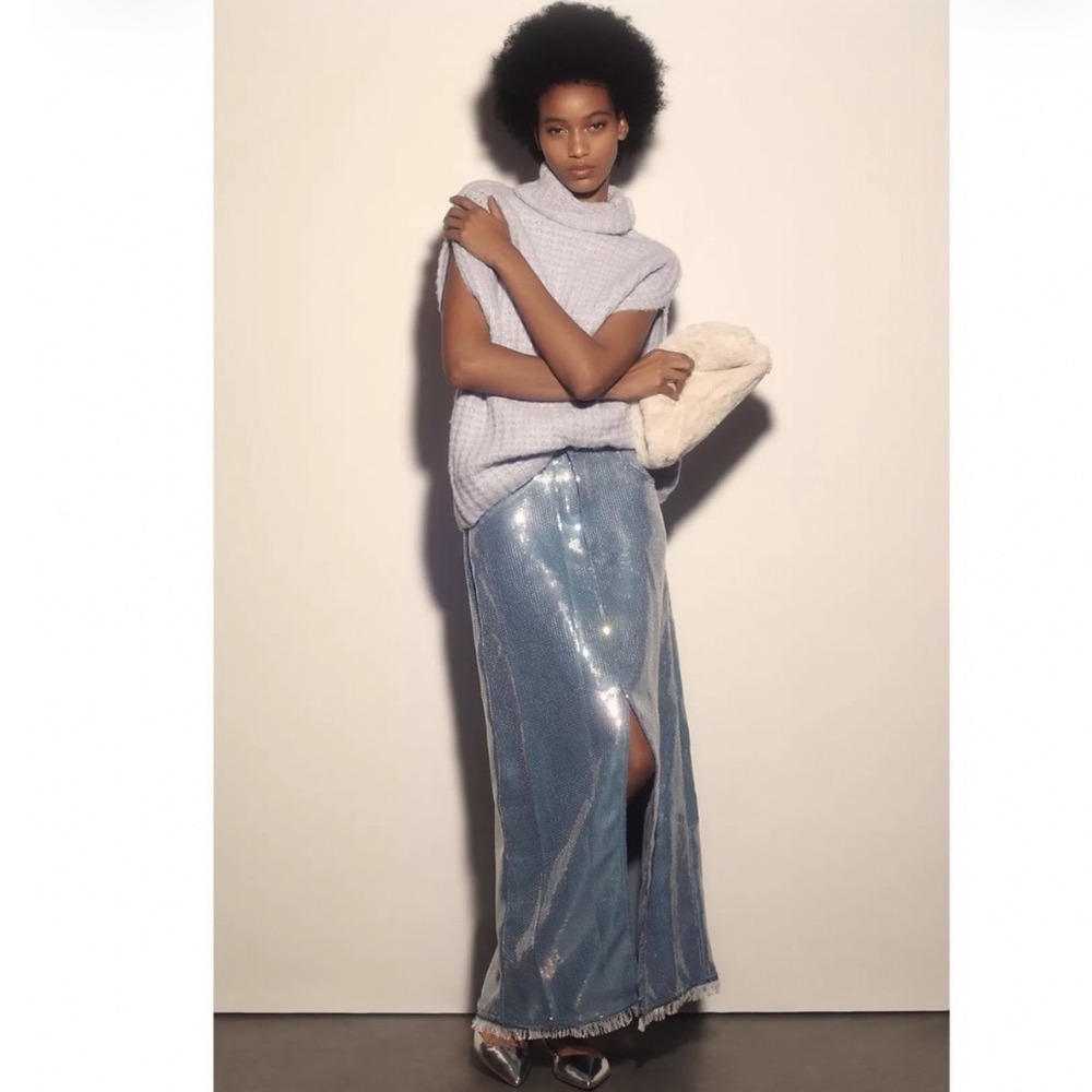 Anthropologie Pilero Sequin Denim Maxi Skirt Sky Blue 6P Party Evening Vacation